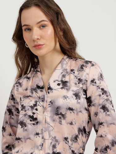Image of FableStreet Women Formal Shirt | Relaxed Fit V-Neck Polka Dot Pattern with Pleated Detailing | Satin Fabric for Business Casual