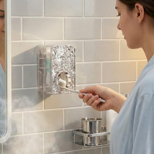 Image of Automatic Toothpaste Dispenser Premium Wall Mounted - Transparent ABS Plastic, No-Drill Adhesive Installation, Waterproof & Space-Saving Bathroom Organizer (Toothpast Dispenser)
