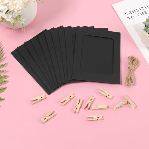 DJAPWPX 100 Pcs Paper Photo Frame 4x6 with 10 Hemp Ropes and 100 Wood Clips Black 4x6 Paper Picture Frame for Home Wall Decor Display Hanging
