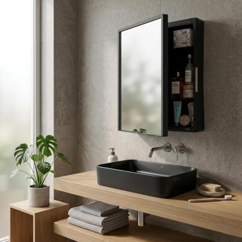Image of CIPLA PLAST Plastic New Rich Look Bathroom Organizer Cabinet | Mirror with Shelf | 4 Shelves Storage Organizer | Wall Mounted Cabinet | for Home /Kitchen /Toilet (Brc-931) (Black)
