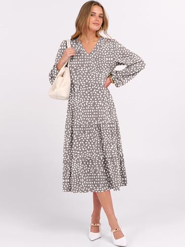 Image of ANRABESS Women's Long Lantern Sleeve Floral Midi Dresses 2026 Fall V Neck Casual Flowy A-line Tiered Boho Vacation Dress