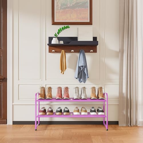 Image of 2 Pack Shoe Rack, 2-Tier Metal Stackable Shoe Shelf Storage Organizer, Heavy Duty Wire Shoe Stand for Entryway, Closet, Hallway, Holds 50 LBS, Pink