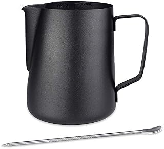 Emsmil Dzbanek do mleka ze stali nierdzewnej, 350 ml, zestaw do spieniacza do mleka z pomiarem Mark i Latte Art, czarny dzbanek na mleko, dzbanek na mleko, dzbanek do spieniacza do cappuccino espresso