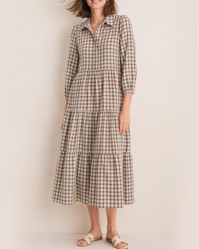 Image of Women Button Down Maxi Shirt Dress Long Sleeve Flowy Tiered Collared Dresses with Pockets