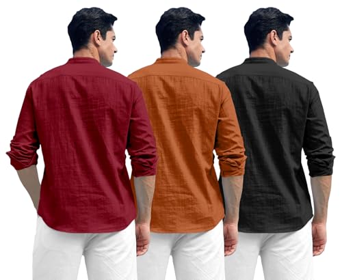Image of Zombom Combo of Men's Solid Cotton Polyester Blend Full Sleeve Mandarin /Chinese Collor Straight Kurta Shirt (Pack of 3)