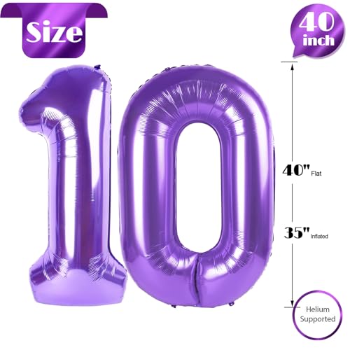 Image of Purple Number 10 Balloon 40 Inch, 10th Birthday Party Decorations, Giant 10 Foil Balloon for Party Supplies