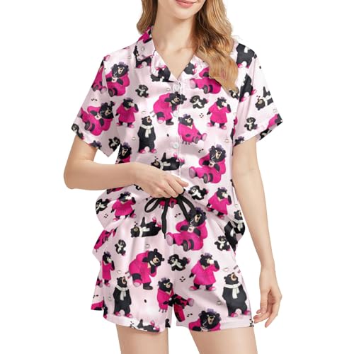 Image of Silk Satin Pajama Set for Women Summer Lounge Pjs Sets 2 Piece Suit Ladies Button Down Tops And Shorts Sleepwear