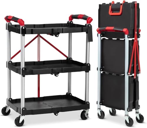 3 Tier Rolling Cart, Collapsible Utility Cart on Wheels with PP Shelves, Portable Food Carts with Lockable 360°Swivel Wheels, Folding Service Carts, ToolCart for Home, Office, Garage, Hotel, Warehouse