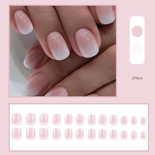 Square Gradient Acrylic Nails - Pink Gradient Press on Nails Short, Glue On Nails for Daily Wear Gift, Reusable Stick On Nails Artificial Nails for Women and Girls 24PCS French - Image 3