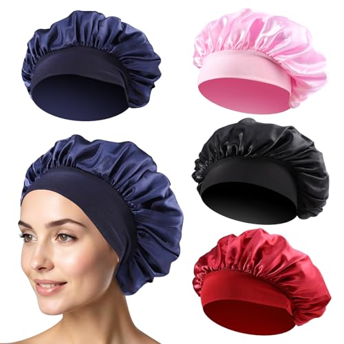 4 gorros de seda para dormir, gorro de seda suave de satén para mujer, gorro de pelo transpirable para la noche, Negro Vino Rojo Rosa Marino, Durchmesser: ca. 31 cm
