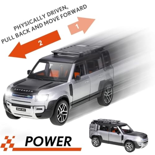 Image of Invite1:24 Defender Model Car Zinc Alloy Pull Back Toy Diecast Toy Cars with Openable Doors, Sound and Light for Kids Boy Girl Gift (Land Rover Defender - Silver Color)