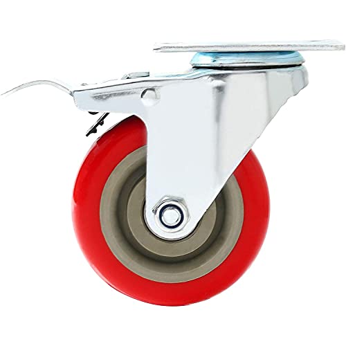 Pack Of 12 Caster Wheels Swivel Plate On Red Polyurethane Wheels 4" With Brake #TOP6