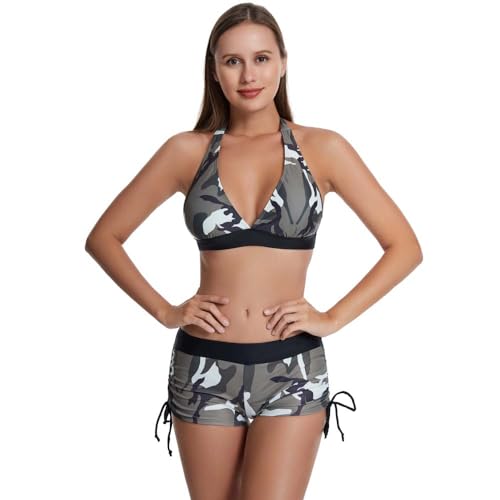 Women Camo Bikini Set Camouflage Swimsuit Halter Top Swimwear Ruched Shorts 2 Piece Bathing Suit3