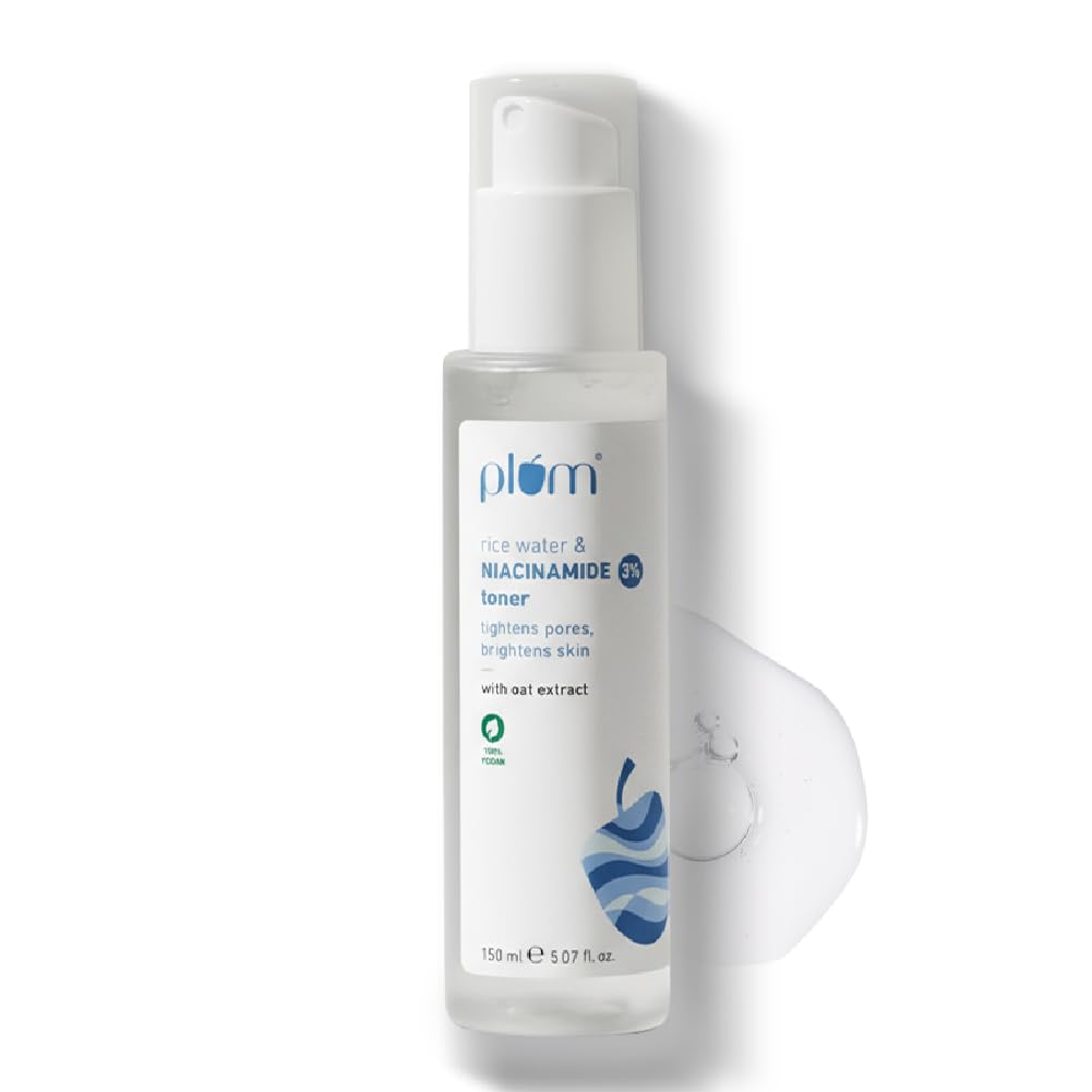 Plum 3% Niacinamide & Rice Water Face Toner | Alcohol-Free Toner for Oily Acne Prone Dry Combination Skin | Pore Tightening & Glowing Skin |Fades Blemishes, Brightens & Smoothens | Women & Men | 150ml
