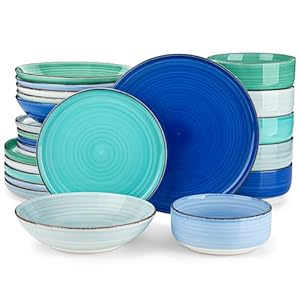 vancasso Bonita Dinnerware Sets 24 Pieces, Blue Stoneware Dishes Set for 6, Dinner Platers with Bowls Set, Large Pasta Soup Bowls Serving Set, Dishwasher and Microwave Safe