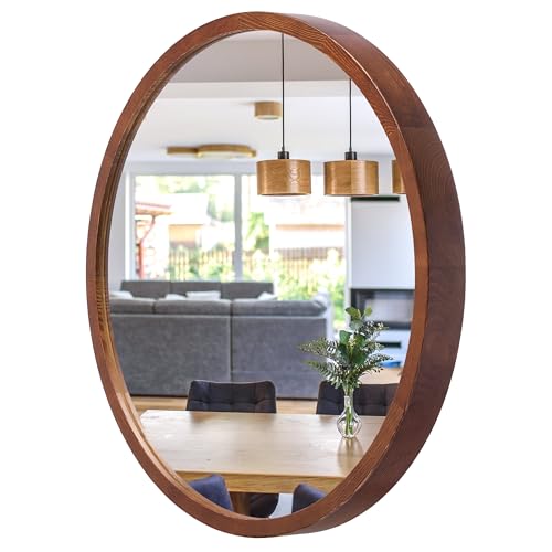 STOLARNIA PIKA LEJA – Miroir Mural Rond, Cadre en Bois (∅47 cm), Noyer, 50 cm élégant – pour Salle de Bain, entrée, Salon, Chambre