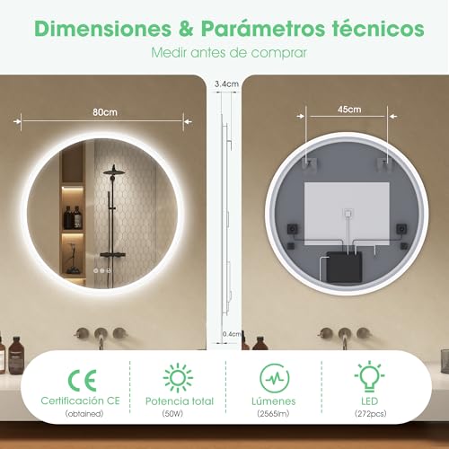 Miniatura 9 de S Bagno 80 Cm Espejo De Baño Redondo Con Retroiluminación, Bluetooth Espejo Baño Con Luz Con Función De Desempañado, 3000k 4000k 6500k, Regulable, Ip44 Espejo Baño Led Con Función De Memoria