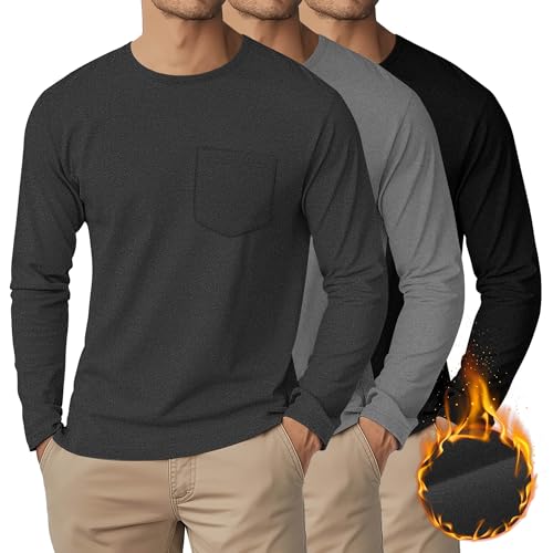 Riyiper 3 Pack Thick Long Sleeve Shirts for Men Thermal DE Velvet Crew Neck Tops for Cold Sweatshirts Pocket Tees