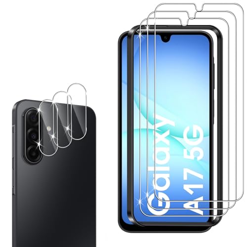 Hengnewro für Samsung Galaxy A17 5G/4G für Panzerglas 3 Stücke Panzer Schutz Glas Mit 3 Stück Kameraschutz 9H Härte Panzer Anti-Kratzen HD Glas Folie mit Rahmen Positionierhilfe