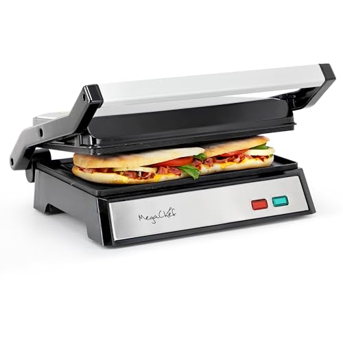 MegaChef Electric Dual Plate Non-Stick Panini Grill Contact Press and Drip Tray, Lightweight Compact Grill, Sandwich Maker