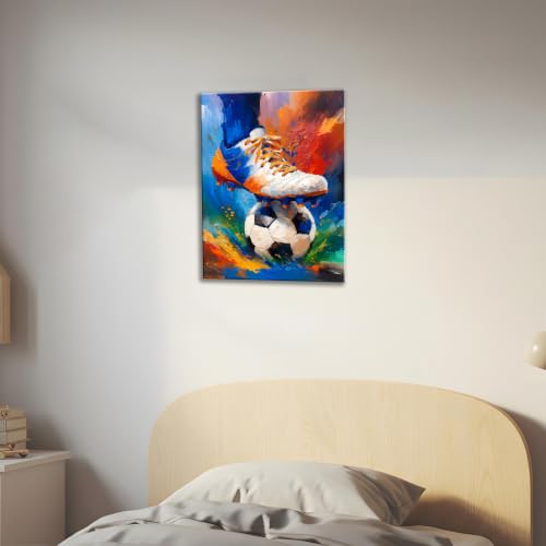 Image of Frimeeme Framed Soccer Canvas Decor & Wall Art, 12 inchX16 inchIn | for Modern Artwork Home Decor Bedroom Boys Room Teen Kids Playroom,Ready To Hang