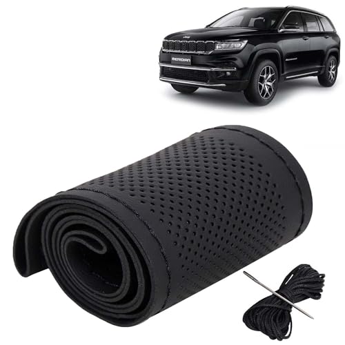 Image of KINGSWAY PU Leatherite Car Steering Cover Sewable Compatible with Jeep Meridian (Year 2022 Onwards), Black Color with Black Thread, Pack of 1 with Sewing Needle and Thread
