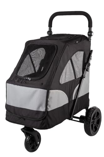 HiPet Hundebuggy Flash Schwarz/Grau – Klappbarer Hundewagen mit Aluminiumgestell, bis 20 kg, Maße 87 x 66 x 110 cm, Faltmaß 93 x 42 x 66 cm, 7 kg Eigengewicht, mit Reflektoren