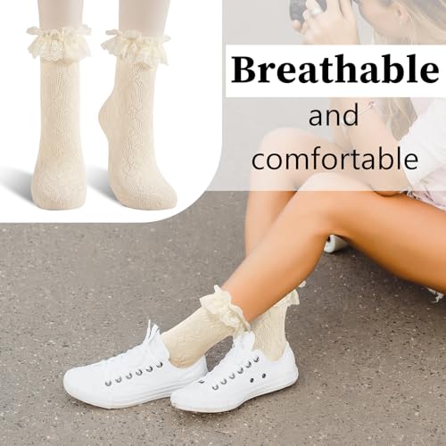 Image of Women Lace Ruffle Socks White Black Frilly Lolita Crew Dress Socks