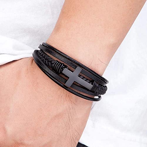 Multi-Layer Braided Leather Bracelets with Magnetic Clasp Mens Cuff Bracelets for Men Genuine Leather Bracelet Religious Leather Bracelets decorate Gift2
