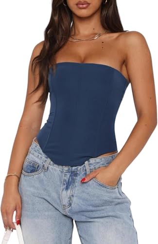 Svuitmsl Women Mesh Strapless Bustier Y2k Back Zip Up Boned Bustier Tops Bodyshaper Tube Top Sexy Going Out Bustier Corset (B-Lace Up Blue S)