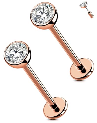 OUFER 2PCS Rose Gold Titanium Flat Back Threadless Stud Earrings, 16G/18G/20G Push Pin Piercing Jewelry – Multiple Post Lengths (5mm–12mm) & CZ Sizes (1.5mm–4mm) for Lobe, Helix, Tragus, Conch, Nose
