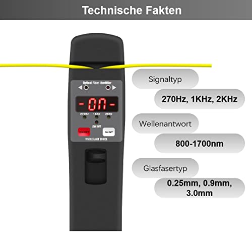 QIIRUN Optische Faser Identifier mit 10-15km Visuelle Fehlersuche für 0,25 mm 0,9 mm 3,0 mm Glasfaser, Live Fiber Optical Identifier optisches Kabeltester 800-1700nm Ein-Tasten-Bedienung (TMOFI-401)