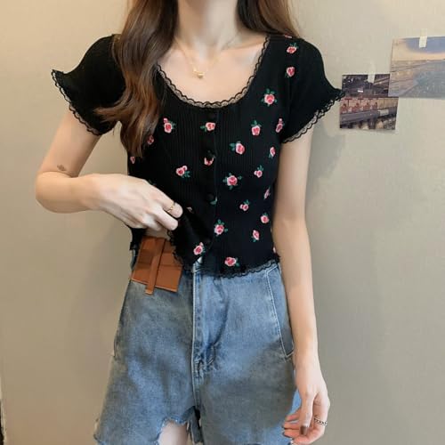 Image of ICW Women's Korean Style Round Neck Half Sleeve Button-Up Floral Knitted Crop Top T-Shirt for Girls DN286 (One Size Fit XS-S)