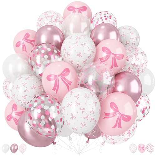Image of Pink Bow Balloons, 60Pcs 12inch Girl Women Princess Birthday Party Balloons | Light Baby Pink Pearl White Balloons, Bow Printed Balloon Metallic Confetti Balloons for Baby Shower Bachelorette Party Decor