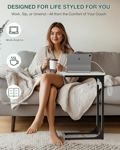 Image of C-Shaped Side Table for Couch - Small Coffee Stand Sofa Tray Desk with Metal Frame Waterproof Scratch Resistant Wood Top and Built-in Charging Station, Greige