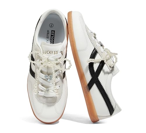 LUCKY STEP Women's Classic Retro Sneakers Casual Fashion Gum Sole Trainer Cow Suede Running Walking Shoes(White/Black,8.5)