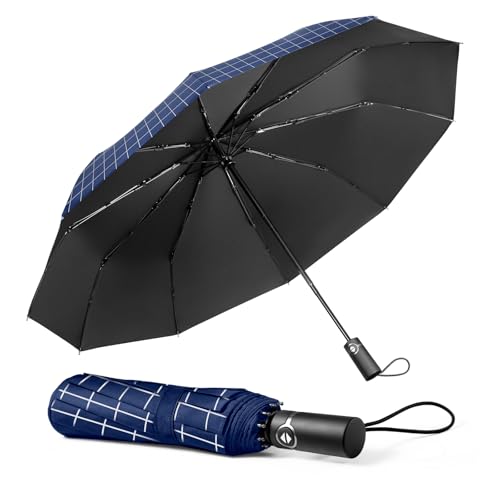 TechRise Paraguas Plegable, Paraguas Automático Compacto Resistente al Viento con 10 Varillas, Apertura y Cierre Automáticos con un Solo Botón, Paraguas de Viaje Portátil para Hombres y Mujeres, Azul