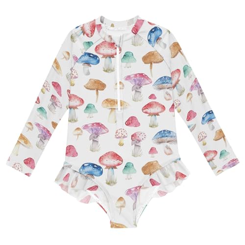 CaTaKu Girls One Piece Swimsuit Colorful Mushrooms Toddler Bathing Suit Long Sleeve UPF 50+ Rash Guard Swimwear 3-12Y