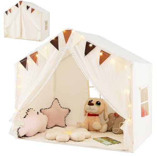 HOMASIS Tienda de campaña Infantil de Interior, Casita de Juegos con colchoneta, Luces, Cortina y Banderas, Tienda de campaña de algodón para niñas & niños a Partir de 3 años, 146x96x133cm (Beige)