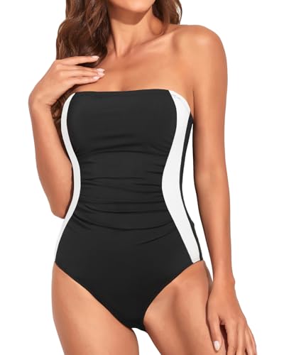 Holipick Women Tummy Control One Piece Swimsuits Strapless Bandeau Bathing Suits Slimming Halter Swimwear