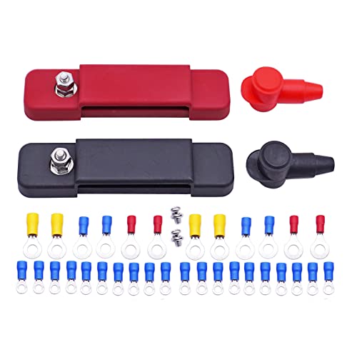 12 Terminal Distribution Block Bus Bar Kit With Covers & Ring Terminals, Power Distribution Block With 32 Wire Lugs For Car Audio, Solar System, Marine Use,Red & Black Color 1/4" Studs #TOP1