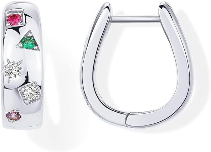 coadipress 14K Gold Plated Chunky Huggie Earrings for Women Thick Colorful Cubic Zirconia Statement Hoop Earrings Unique Multicolored CZ Tiny Round Earrings Trendy Jewelry