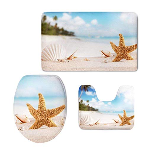 RedBeans Rutschfeste Rückseite, 3-teiliges Badematten-Set inklusive Waschraumteppich, große Konturmatte, WC-Sitz-Deckelbezug, 3D-Strand-Seestern-Muschel-Druck