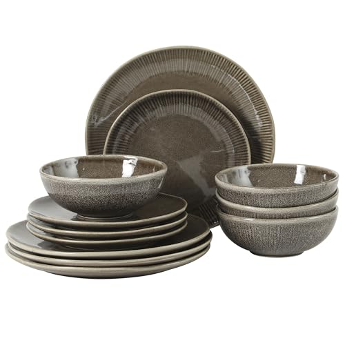 Image of Gibson Elite Sandy Pines Stoneware Plates and Bowls Set - 12 Piece Reactive Glaze Dinnerware Set - Service for 4 - Dishwasher and Microwave Safe - Brown