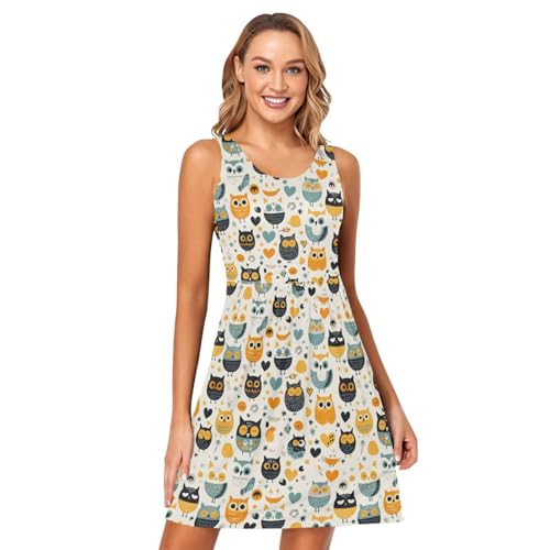 Womens Casual Short Dresses Beach Loose Sleeveless Flowy Sundress, Cute Animal Pattern Cartoon Owls 