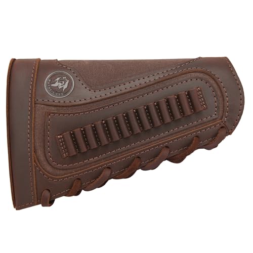 WAYNE'S DOG Canvas Leather Recoil Reducing Pad Stock Extension Cover Buttstock Cheek Rest with Rifle Shell Holder (.22LR .22MAG .17HMR, Coffee)