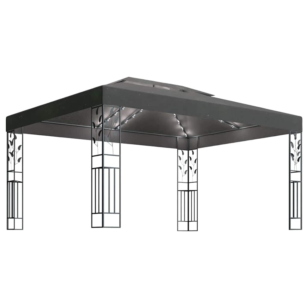Pavillon 3x4 m Anthrazit mit Doppeldach aus Polyester & Solar LED Lichterkette Stahl Gestell Garten Grill Party Gazebo für Terrasse Balkon und Outdoor Events