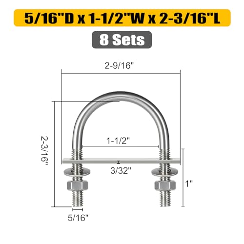 Image of 8 Sets Round U Bolts, u-Bolts 1-1 /2 Inch Wide, 304 Stainless Steel U Bolt,with Nuts,Bolt Plate and Washers for Boat Trailer Tube(5 /16 inch D x 1-1 /2 inchW x 2-3 /16 inchL)