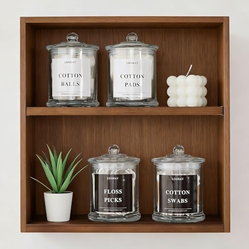 LEORAY-4-Pack-Glass-Qtip-Holder-Dispenser-with-Lids-Airtight-Waterproof-Apothecary-Jars-16-Oz-Vanity-Organizer-Bathroom-Canisters-for-Cotton-Swabs-Balls-Pads-Floss-Picks-Transparent