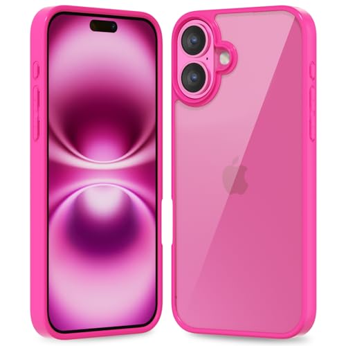 oakxco Thin Slim Clear case for iPhone 16 Plus Transparent Hybrid Hard Shell Plastic & Soft Silicone Rubber Bumper Non-Yellow Acrylic Protective Lightweight Cover for Women Hot Pink